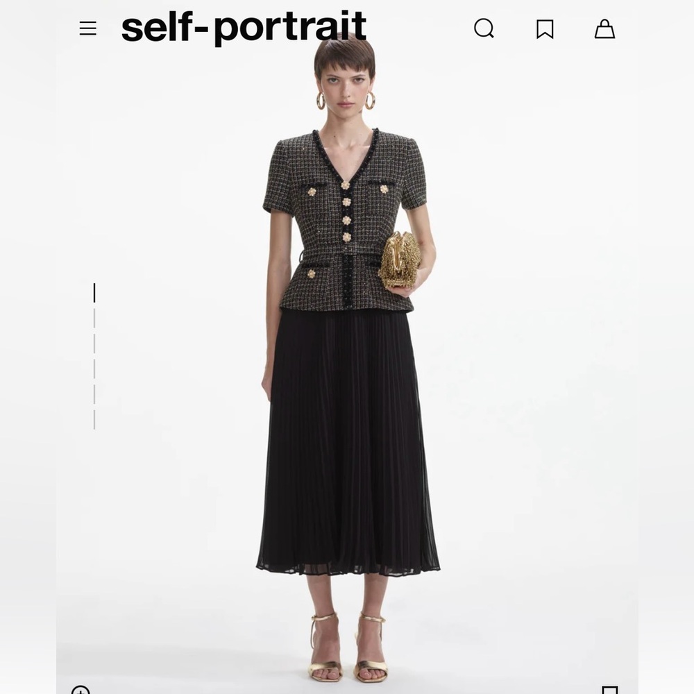 Self-Portrait Black Tweed Top with Black Pleated Skirt